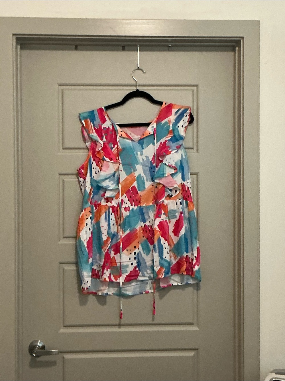 Amazon Women's Multicolor Abstract Ruffle Sleeve Tunic - Blue, Pink, Orange